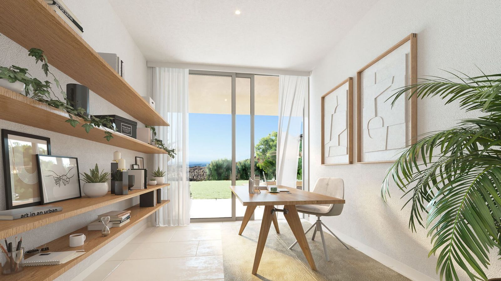 Moderne kantoorruimte met houten bureau, open kast en uitzicht op de tuin