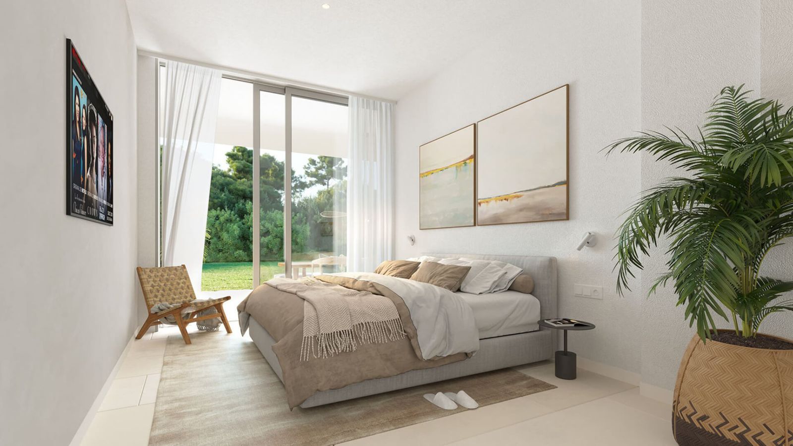 Moderne slaapkamer interieur met bed en uitzicht op de tuin