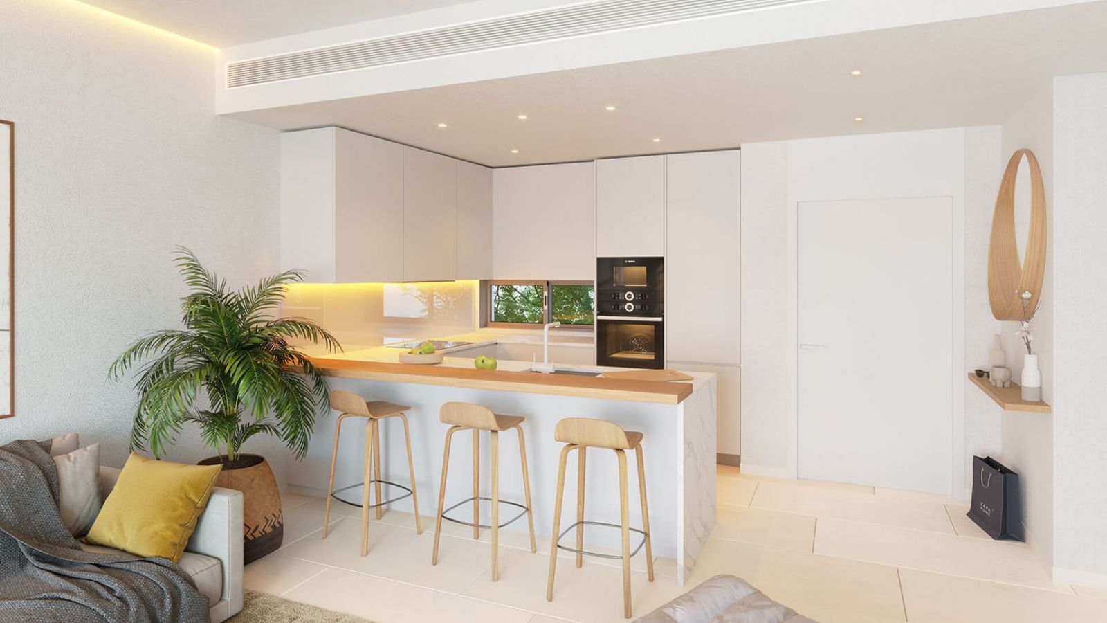 Moderne keuken en woonkamer interieur