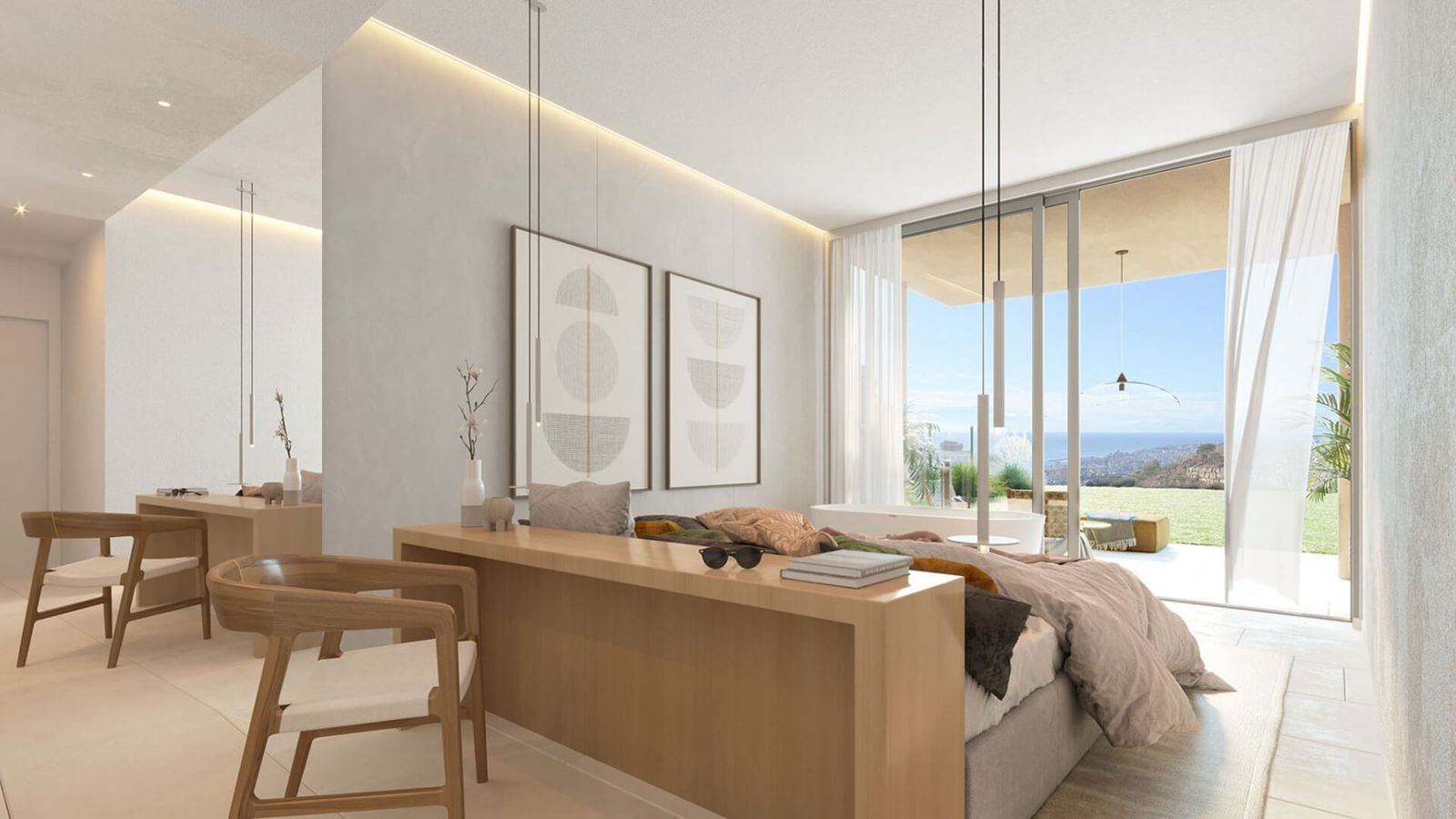 Modernes Schlafzimmer mit Meerblick in einer Suite