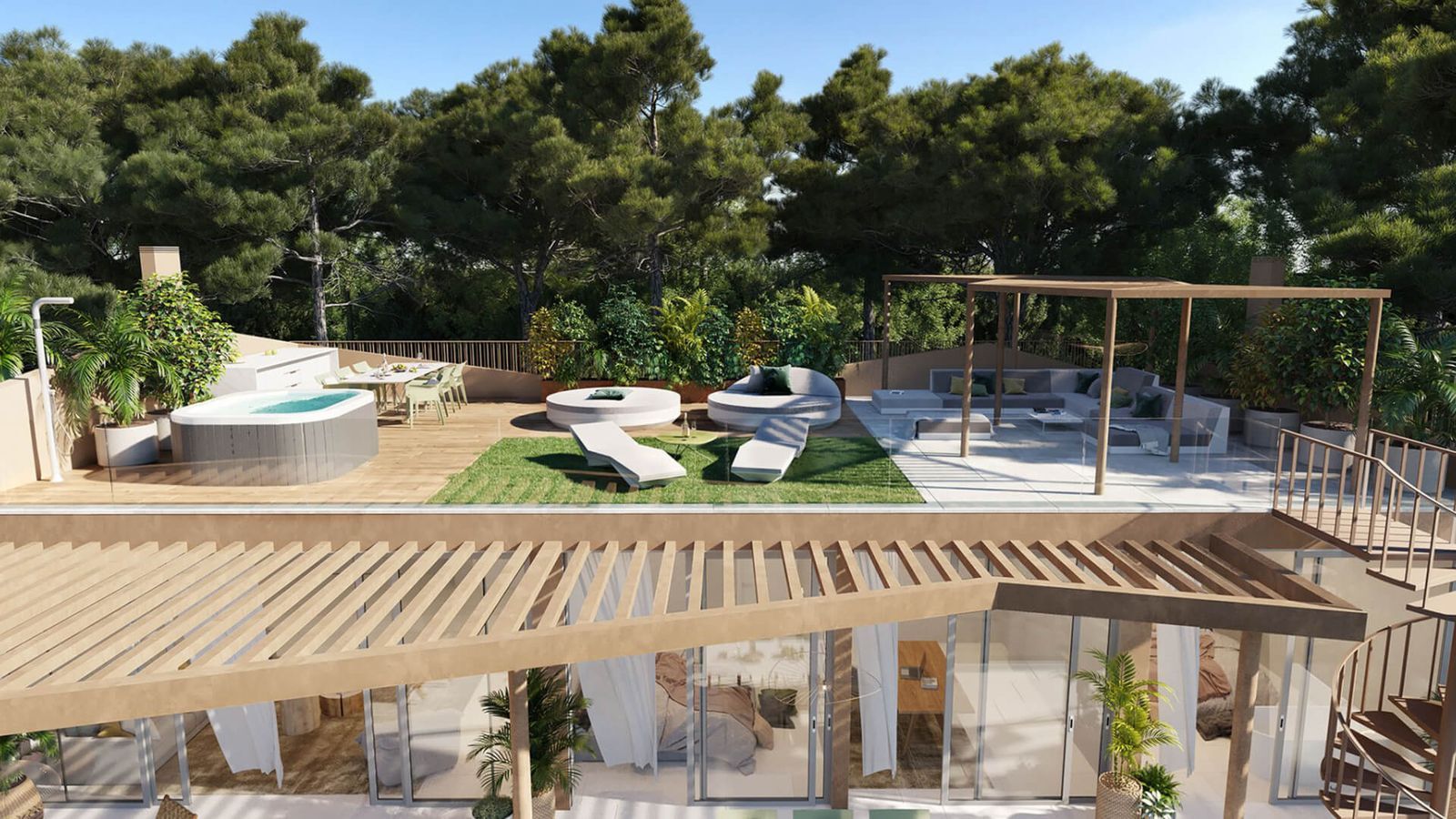 Luxuriöse Dachterrasse mit Whirlpool, Sonnenliegen und Lounge-Bereich, umgeben von Grün.